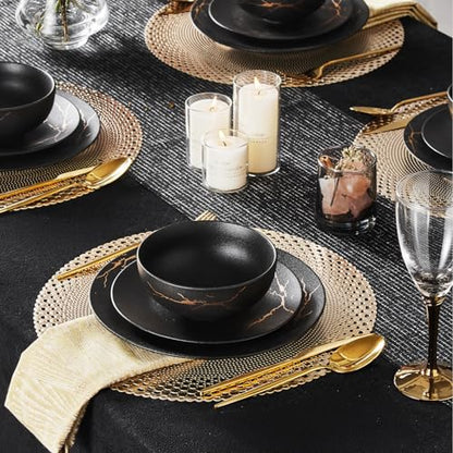 24-Piece Matte Crackle Dinnerware Sets, Black and Gold | Porcelain Plates & Bowls Set | Scratch Resistant Handcrafted Gold Luster | Microwave, Dishwasher Safe | Serves 8 | Ideal Gift - size: Service for 8 (24pcs)