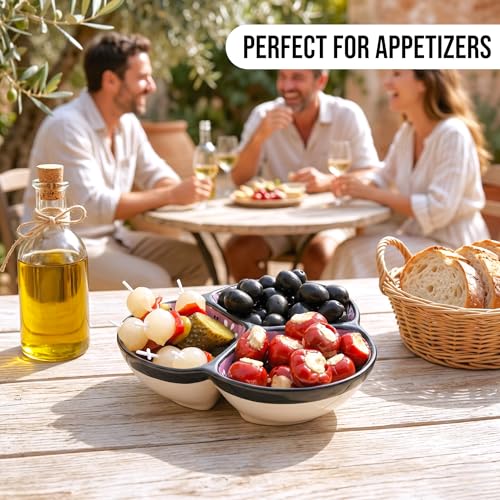 3-Compartment Ceramic Serving Dish, Handmade in Spain | 7.5” divided chip and dip bowl with lead-free glaze, microwave, oven and dishwasher safe, ideal for tapas, snacks and sauces - color: Onyx Lilac