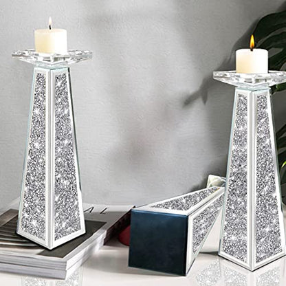 Wocred 2 Piece Candlestick Holders for Holding Pillar Candles, Crystal Crushed Diamond Candle Holders Set Decor for Dinning Room, Silver Glass Votive Candle Holders for Table Centerpiece(12”) - size: 12 Inch Diamond Silver
