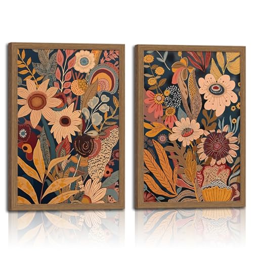 2pcs Orange Flower Framed Canvas Wall Art Set Rural Bohemian Natural Style Canvas Painting Mid Century Modern Floral Botanical Wall Deco For Living Room,Bedroom,Office 12x16in - color: Orange flowers, size: 12x16in