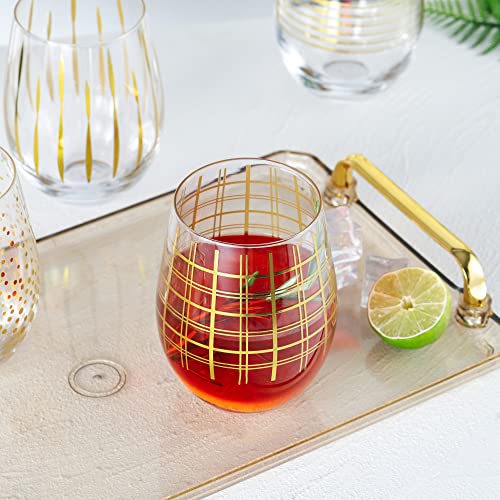 Joeyan Hand Blown Stemless Wine Glasses with Gold Dots Swirls Grids Strips Pattern for Red White Wine,Large Drinking Glass Cups,Wine Glass Tumblers for Wedding Party Home,Set of 4,17.5 oz - color: Gold Dots Swirls Strips Grids Patterned