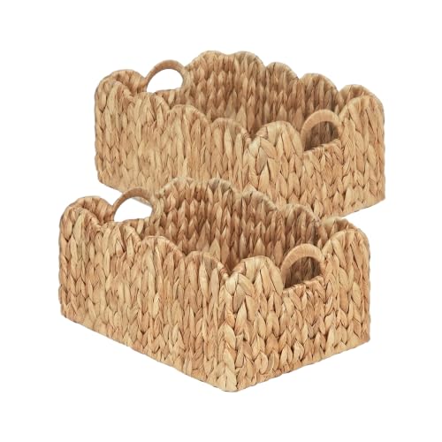 LUSYDECO Set of 2 Scalloped Edge Wicker Storage Basket with Built-in Handles, Rectangle Water Hyacinth Basket for Organizing, Decorative Woven Rattan Basket for Shelf, Nursery Room