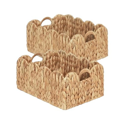 LUSYDECO Set of 2 Scalloped Edge Wicker Storage Basket with Built-in Handles, Rectangle Water Hyacinth Basket for Organizing, Decorative Woven Rattan Basket for Shelf, Nursery Room