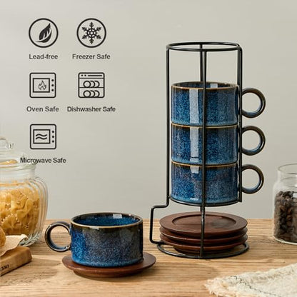 LUKA 6 Ounce Porcelain Stackable Espresso Cups with Saucers and Metal Stand Set of 4, Ceramic Cappuccino Cups Set for Specialty Coffee Drinks, Latte, Cafe Mocha and Tea, Reactive Blue - color: Reactive Blue
