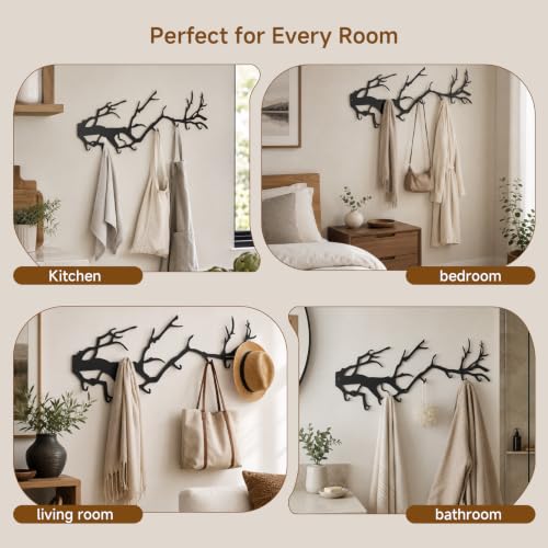 Wall Coat Rack with 8 Hooks Black - Tree Branch Design Metal Wall Hooks - Coat Hooks for Hallway, Bathroom, Bedroom, Kitchen - Hook Rail for Wall Mounting
