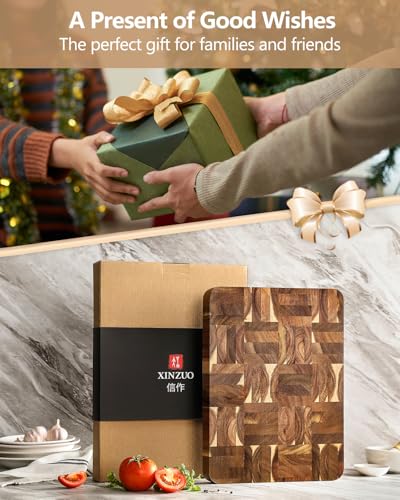 XINZUO Large Thick End Grain Acacia Wood Cutting Board -(16‘’L x 12''W x 1.6''T)-Dark Wood Cutting Board,Reversible Wooden Chopping Board with Non-Slip Feet-Catches Food and Waste-Giftbox - size: 16"L x 1"W