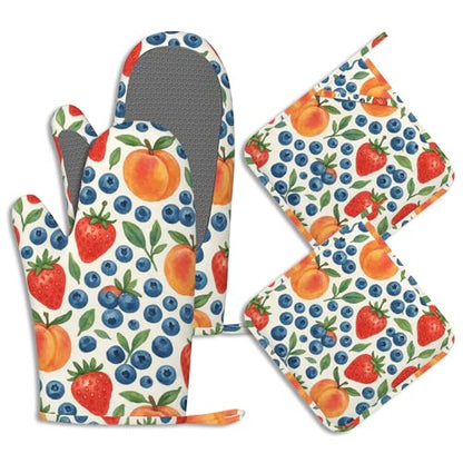Tropical Fruit Oven Mitts and Pot Holders Strawberry Peach Blueberry Silicone Kitchen Accessories Set of 4 Heat Resistant Non-Slip Long Gloves Potholder for Chef Cooking Baking Gifts Women Men - color: Tropical Fruit,strawberry Peach Blueberry