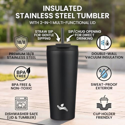 Konokyo 18 oz Insulated Tumbler Water Bottle with Straw Lid, Black | Stainless steel insulated tumbler for coffee, water and iced drinks; spill-proof lid, 2 straws, cup-holder friendly - color: Black, size: 18 Ounces