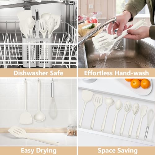 TeamFar Silicone Cooking Utensils Set, 8 PCS Kitchen Utensils Set, White | 446°F Heat Resistant Turner, Spatula, Spoon, Whisk, Kitchen Cooking Gadgets Tools, for Nonstick Cookware, Dishwasher Safe - color: White