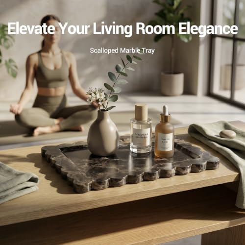 Large Dark Brown Marble Vanity Tray, Scalloped Bathroom Counter Tray | Elevates Countertops with Timeless Natural Stone Beauty - color: Dark Brown