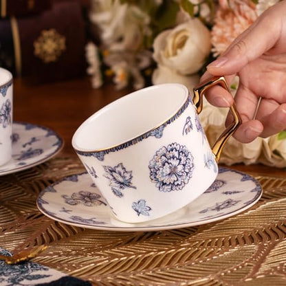 KAMMAK Tea Cups and Saucers Set of 2, Fine Bone China Coffee Cups, 571N | Stackable Espresso Mugs, Ceramic Demitasse for Coffee, Cappuccino, Latte, Americano, Tea - size: 7KPSP571N