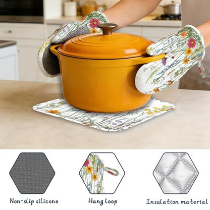 Spring Flowers Pot Holders and Oven Mitts,Rustic Wildflower Oven Mitts Heat Resistant Cotton Lining Anti-Slip Silicone Kitchen Mitts Set Hot Pads for Microwaves Cooking Baking Grilling - color: Spring Flowers