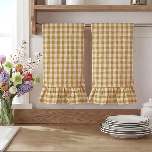 HunnmingRe Yellow Kitchen Towels Set of 2, 100% Cotton Ruffled Gingham Dish Towels 18"x28" Tea Cloths Classic Plaid Pattern for Farmhouse Charm, Drying Dishes, Entertaining Guests - color: Yellow, style: Gingham