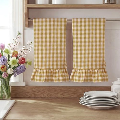 HunnmingRe Yellow Kitchen Towels Set of 2, 100% Cotton Ruffled Gingham Dish Towels 18"x28" Tea Cloths Classic Plaid Pattern for Farmhouse Charm, Drying Dishes, Entertaining Guests - color: Yellow, style: Gingham