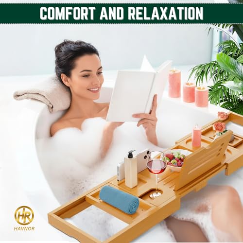 Bamboo Bathtub Caddy Tray Expandable & Foldable Bath Shelf with Book, Tablet & Wine Holder Adjustable Wooden Bath Tray for Relaxing Spa at Home – Fits Most Tub Sizes. - color: Bamboo