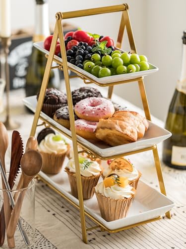 YHOSSEUN 3 Tier Serving Tray, 10+12+14 Inch Serving Platters and Tray, Gold | Porcelain Tiered Tray Stand, 3 Tiered Serving Stand Dessert Stands Treat Table Display Set with Collapsible Sturdier Rack - color: D-Gold Stand, size: 10+12+14 Inches