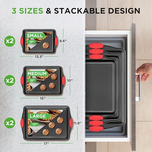 NutriChef Nonstick Baking Pans Set – Premium Cookie Sheets for Baking, Carbon Steel Stackable Baking Trays with Red Silicone Handles, Oven Safe Pans for Cookies, and Cakes, Dishwasher Safe (6 Pack) - size: 6 Pack sorted sizes