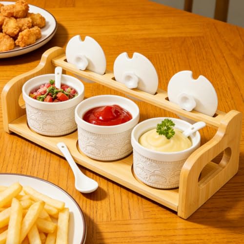 10 Pack Sauce Serving Dish with Spoons and Lids, 5 Oz | Ceramic Chip Dip Sauce Bowls with Bamboo Tray, 3 Condiment Seasoning Jars Salt Sugar Container for Snacks, Appetizers