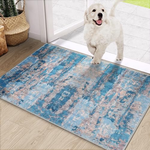 COMSLE Door Mat, Front Door Rug Indoor for Entrance Faux Wool Absorbent Non Slip Modern Throw Rug for Entryway Hallway Muddy Paws - Pet Friendly, 20x32 Inches, Mottled Blue Machine Washable - color: Mottled Blue, size: 1'8" x 2'8" (Rectangular)