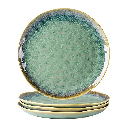 Henten Home Ceramic Dinner Plate Set, 11 Inch Porcelain Pizza, Pasta, Salad Plates, Irregular Shape Steak Plates Set of 4, Stoneware Serving Dishes for Kitchen (Green) - color: Green, size: 11 inch