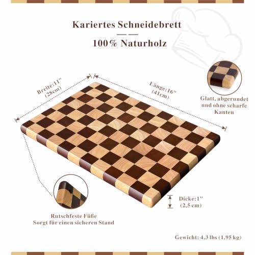 Checkered Cutting Board for Kitchen, 16"L x 11"W x 1"Th – Wooden Chopping, Cheese & Charcuterie Board in Acacia Wood, Butcher Block Serving Tray for Meat, Fruit, Bread & Vegetables | 16" x 11" x 1" Thick | Acacia & Rubber Wood | Cheese & Charcuterie Board