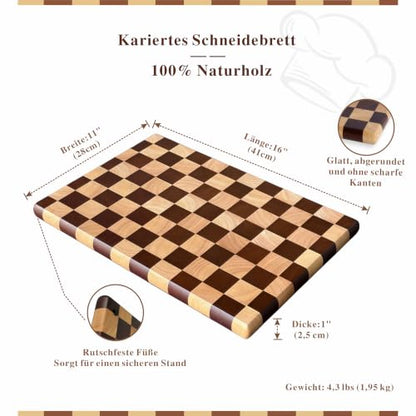 Checkered Cutting Board for Kitchen, 16"L x 11"W x 1"Th – Wooden Chopping, Cheese & Charcuterie Board in Acacia Wood, Butcher Block Serving Tray for Meat, Fruit, Bread & Vegetables | 16" x 11" x 1" Thick | Acacia & Rubber Wood | Cheese & Charcuterie Board