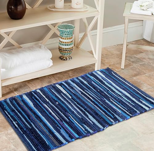 Chindi Kitchen Rug 2x3 Feet - Navy | Cotton Hand Woven Throw Rugs for Bathroom, Easy Clean Accent Camping Carpet - color: Navy, size: 2 x 3 feet