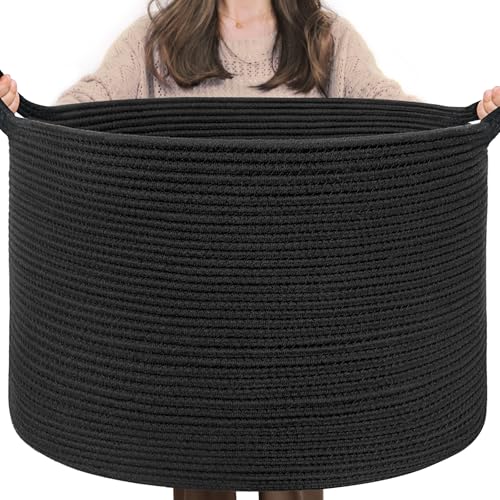 INDRESSME XXXLarge Woven Rope Blanket Basket Living Room Black, 90L | 21.7" x 13.8" Storage baskets for toys laundry & pillows. Fits living room, bedroom or nursery décor. Soft-touch with handles - color: Black, size: 21.7"D x 13.8"H