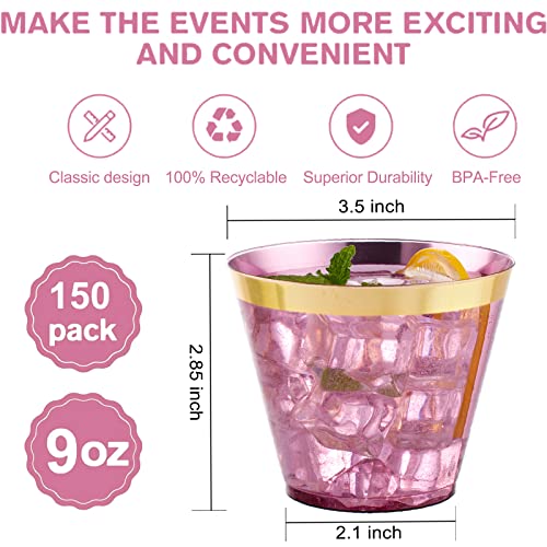 LUODA 150PCS Purple Plastic Cups,9oz Purple Disposable Cups with Gold Rim | Old Fashioned Tumblers Gold Rimmed Purple Plastic Cups,Unbreakable cups for Any occasion: Weddings, Parties, Business Events - color: Purple