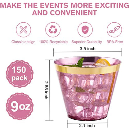 LUODA 150PCS Purple Plastic Cups,9oz Purple Disposable Cups with Gold Rim | Old Fashioned Tumblers Gold Rimmed Purple Plastic Cups,Unbreakable cups for Any occasion: Weddings, Parties, Business Events - color: Purple