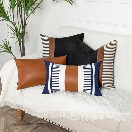 Set of 2 Navy Blue and White Stripe Throw Lumbar Pillow Covers 12x20 inch,Faux Leather Modern Accent Boho Cushion Cover for Couch Living Room Bedroom - color: Navy Blue, size: 20" x 12" (Pack of 2)