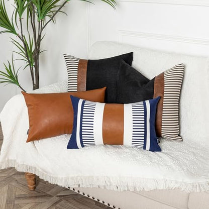 Set of 2 Navy Blue and White Stripe Throw Lumbar Pillow Covers 12x20 inch,Faux Leather Modern Accent Boho Cushion Cover for Couch Living Room Bedroom - color: Navy Blue, size: 20" x 12" (Pack of 2)