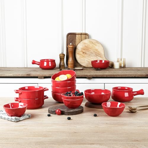 vicrays Ceramic Cereal Bowls Set - Porcelain 26 Ounce Soup Salad Bowls Set - Rice Dessert Cream Bowls Set - Chip Resistant Dishwasher Microwave Safe - Set of 6 (Red) - color: Red
