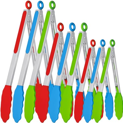 9 Pieces Silicone Tongs for Cooking 7,9,12 inches Kitchen Tongs with Silicone Tip Stainless Steel Heat Resistant Cooking Tongs for Food Grill Salad BBQ Frying and Serving, 3 Color - color: red,green,blue