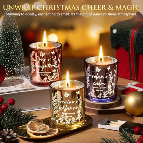 Candles for Women, 3 Pack Soy Wax Candle Gift Sets for Home Scented | Holiday Votive Candle Gifts Set, Christmas Birthday Gifts for Women Mom Her - Vanilla Coconut/Sandalwood Rose/Lemon Lavender - color: Gold, Pink, Purple