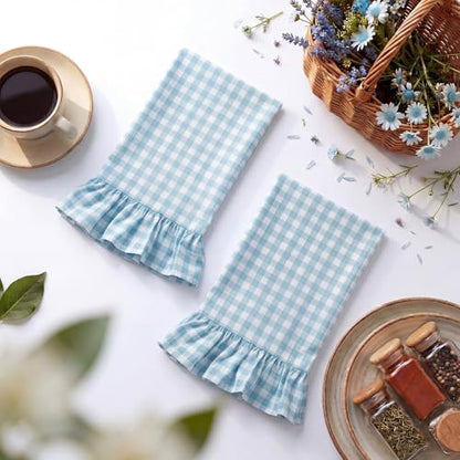 HunnmingRe Light Blue Kitchen Towels Set of 2, 100% Cotton Ruffled Gingham Dish Towels 18"x28" Tea Cloths Classic Plaid Pattern for Farmhouse Charm, Drying Dishes, Entertaining Guests - color: Light Blue, style: Gingham