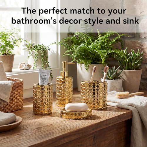 Gold Ceramic Bathroom Accessories Set, 4 Piece, Honeycomb Design with Soap Dispenser Pump, Tumbler, Toothbrush Holder, Soap Dish - color: Gold
