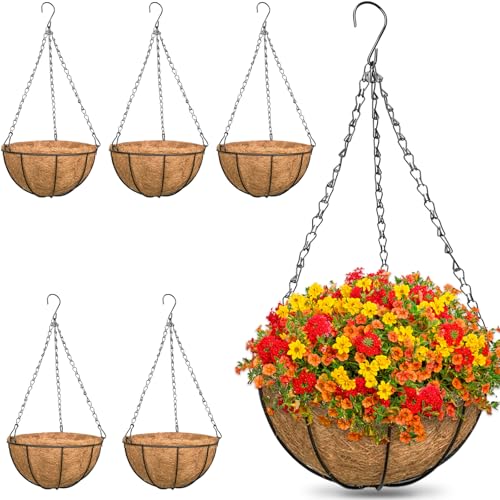 6 Pack 12 Inch Metal Round Hanging Planter Basket with Coconut Liners Replacement, Hanging planters Baskets with Natural Coco Liner for Outdoor Indoor Planters Flowers Vegetables - color: 6 Pack, size: 12 Inch