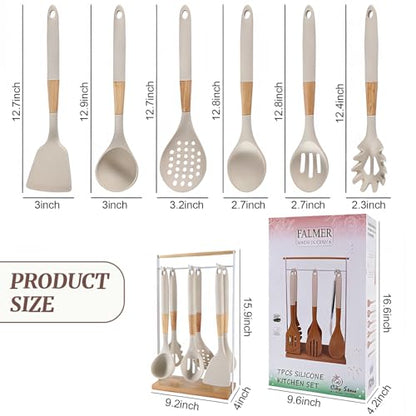 Chef Kitchen Cooking Utensils Set, Heat Resistant Silicone Kitchen Utensils Sets with Storage Rack, 7PCS Gadgets Tools Set with Wooden Handle for Nonstick Cookware,Tongs, Turner, Skimmer (White) - color: White
