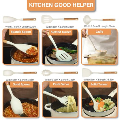 Large Silicone Kitchen Utensils Set with Holder, 25Pcs Cooking Utensil Set with Wooden Handle, Heat Resistant Spatula Sets for Cooking, BPA Free Silicone Utensils Set for Non-Stick Cookware(White) - color: White