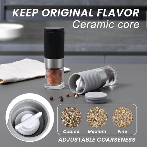 Mini Salt and Pepper Grinder Set, Small Tiny Adjustable Coarseness Ceramic Salt Grinder with Funnel and Bag Portable Handy Spice Pepper Mill Shaker For Outdoor Party Lunch Bag Kitchen - color: Gray