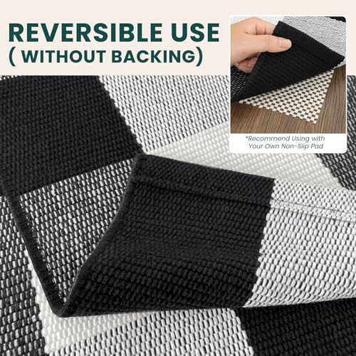 KOZYFLY Buffalo Plaid Area Rug 4 x 6 Ft Black and White Checkered Rug Washable Outdoor Rugs Cotton Rugs for Bedroom Front Door Mat Carpet for Front Porch Living Room Dining Room Kitchen | Washable Outdoor Rugs, Cotton Front Porch Rug, Woven Front Door Rug