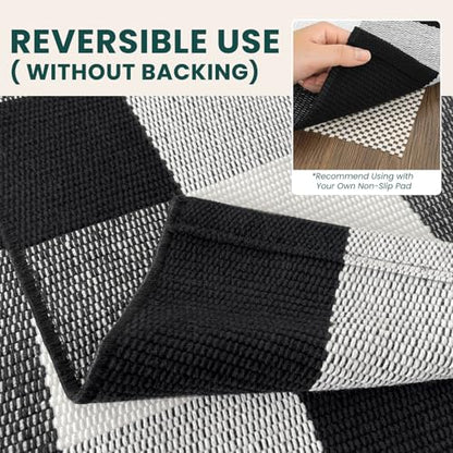 KOZYFLY Buffalo Plaid Area Rugs 3x5 Ft Black and White Checkered Rug Washable Front Door Mat Hand Woven Cotton Outdoor Rug Large Rug for Front Porch Kitchen Entryway Patio Bathroom | Washable Front Door Mat, Woven Cotton Outdoor Rug, Large Rug for Front P