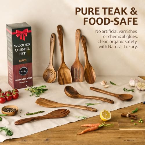 SOOMGYEOL SEOM 8-Piece Teak Wood Cooking Utensil Set | Natural Teak Wood, Uncoated, 8 Essential Cooking Utensils, Nonstick Safe - size: 8 PCS Set