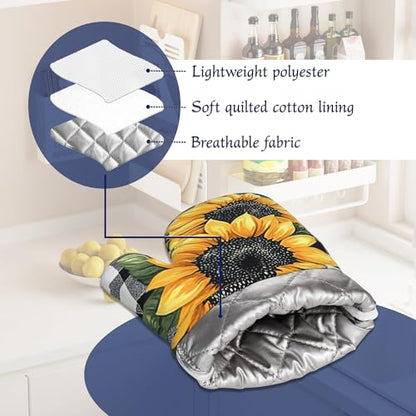 Sunflower Flower Potholders & Oven Mitts Sets Black White Check Plaid Silicone Heat Resistant Oven Mits and Hot Pads Non-Slip Pot Holders Gloves for Kitchen Chef Cooking Baking Grilling BBQ - color: Sunflower Flower,black White Check Plaid