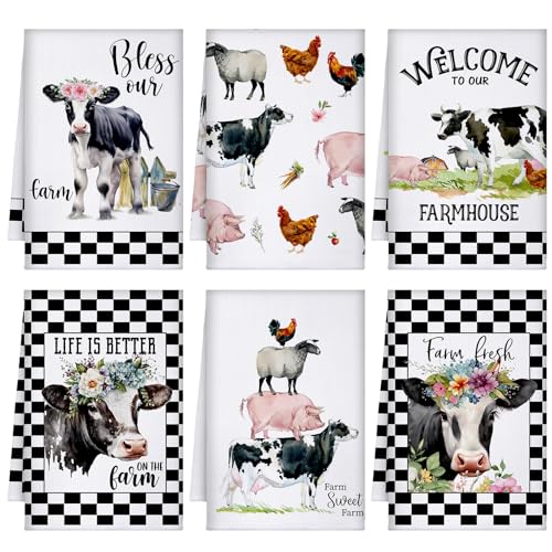6 Pcs Christmas Cow Kitchen Towels Dish Hand Tea Towels Farm Animal Cow Vintage Rustic Tea Wash Cloth Gifts for Farmhouse Kitchen Baking Cooking Bathroom Christmas Decor, 16 x 24 Inch - color: Black, White, style: Farm Animal