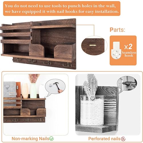 Key Holder Wall Mount, Wooden Organizer Wall Mount with 4 Double Hooks and Wallet Holder, Sunglasses and Mail Storage Rack for Entryway or Mudroom - Brown