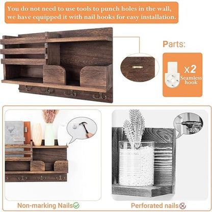 Key Holder Wall Mount, Wooden Organizer Wall Mount with 4 Double Hooks and Wallet Holder, Sunglasses and Mail Storage Rack for Entryway or Mudroom - Brown