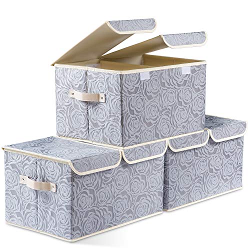 Large Foldable Storage Bins with Lids Fabric Decorative Storage Box Cubes Organizer Containers Baskets with Cover Handles Removable Divider for Home Bedroom Closet 17.3x11.8x9.8 Inch 3 Pack - color: Gray, size: Double Lid/3pcs