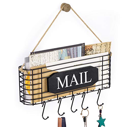 SRIWATANA Rustic Mail Organizer Wall Mount, 5 Key Hooks, Large Size, Black | Mail Holder Key Holder for Wall, Hanging Mail Sorter, Letter Basket for Receipts Bills Envelopes, Home & Office Organizer - color: Black, size: Large